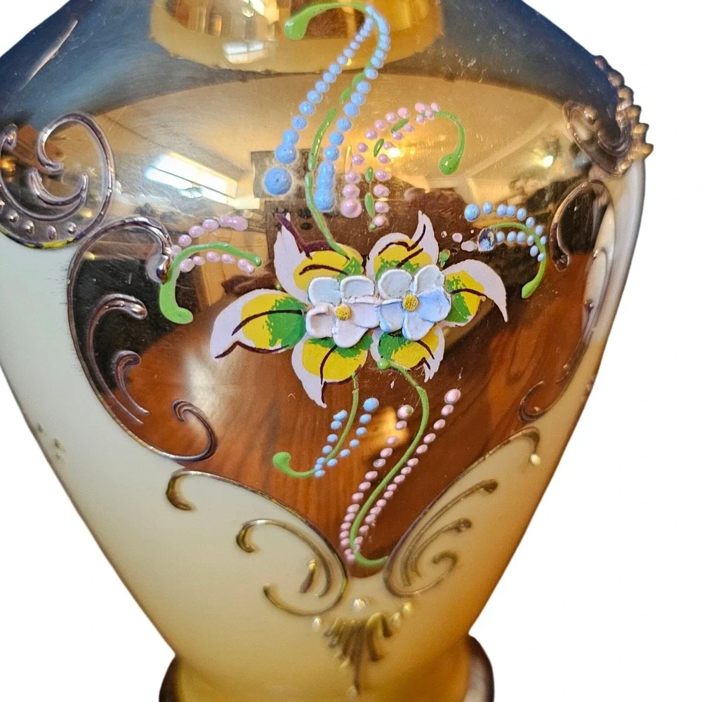 Vintage Bohemian Art Glass Mirror Gold Hand-Painted Raised Enamel Mid Century